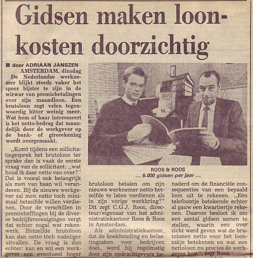 1987. Artikel Telegraaf over BrutoNetto-Gidsen Roos en Roos